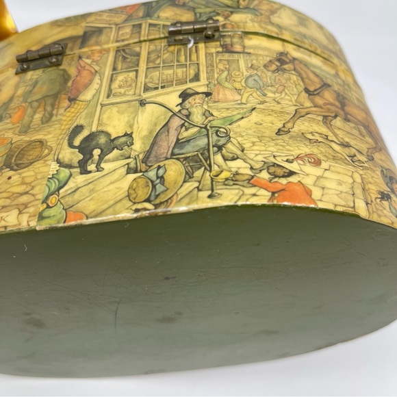 Vintage Folk Art Decoupage Box Purse | Tortoiseshell Lucite Handle | Mid-Century - Picture 13 of 14